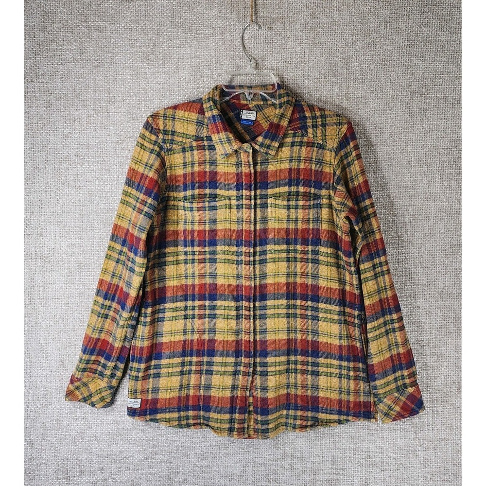 Kavu‎ Heavy Flannel Shirt Jacket Zip Mens Small Gold Red Navy Plaid Side Pockets